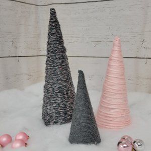 Three pink and gray yarn Christmas trees